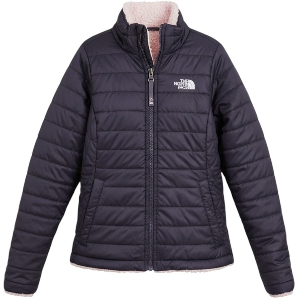 The North Face Girls Reversible Mossbud Swirl Jacket Grey Pink Fleece Puffer L
